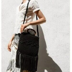 NWT Danielle Nicole Crochet Macrame Hand Bag Black Wooden Handles Boho Crossbody